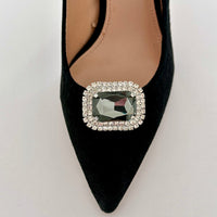 Schwarzer Pumps mit Solitaire Schuhclip Mailand in Rauchquarz und silberfarbener Fassung